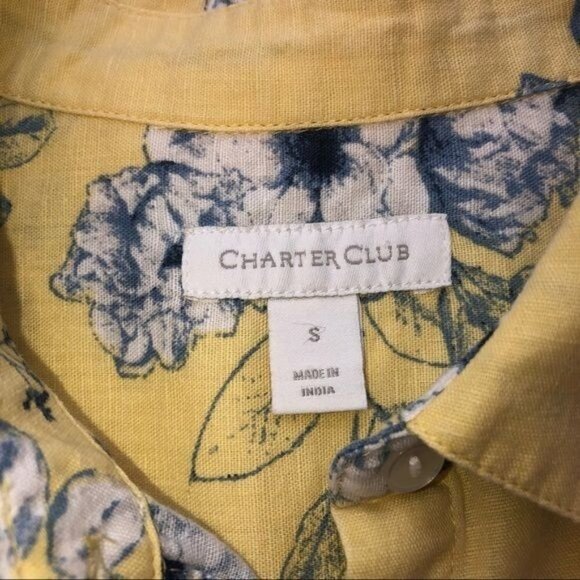 Charter Club Size S Linen Button Front Floral Blue Print Yellow Long Sleeve - Picture 4 of 8